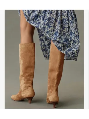 NEW Knee High Vegan Suede Boots Wide Calf Kitten Heel Pointed Toe 7 thumbnail 4