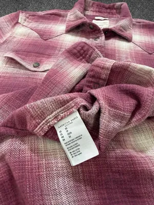 American Eagle Women’s Burgundy Cream Plaid Oversized Western Flannel Shirt thumbnail 5