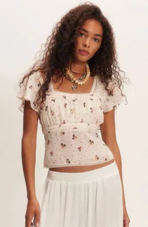 Free People Prairie Field Top Swan Combo NWT Smocked Boho Cottagecore Fairy Sz L thumbnail 1