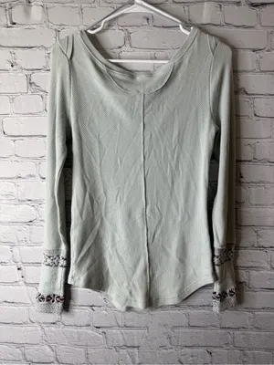 NWT Free People Sage Green Thermal Long Sleeve with Embroidered Cuffs large thumbnail 4