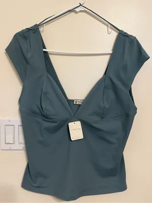 Free People Intimately XL Celtic Green Deep V Neck Fitted Top NWT thumbnail 3