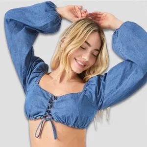 Forever 21 Chambray Blue Cropped Long Sleeve Top Small thumbnail 1