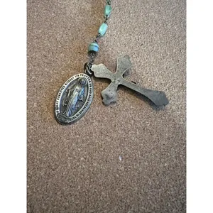 Art Deco Style RosaryAqua Glass Beads Silver-Tone Crucifix Saint Therese 1930’s thumbnail 5
