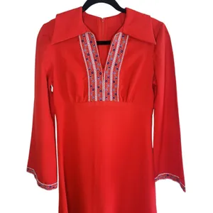 VTG 70s Handmade Red Maxi Dress Boho Embroidered‎ Disco Collar Bell Sleeve Small thumbnail 5