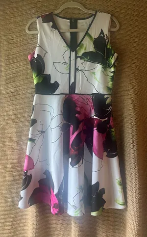 Floral V-Neck Midi Dress in White with Pink & Green Accents thumbnail 1