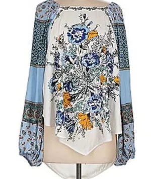 Free People Floral Print Women's Top - Blue and White Medium thumbnail 3