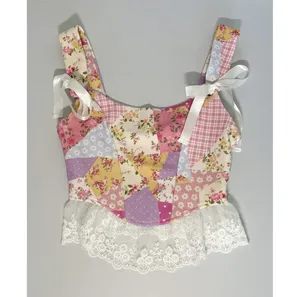 Pink Pastel Coquette Floral Patchwork Lace Bows Top Shirt Blouse Tee Size XS 🎀✨ thumbnail 2