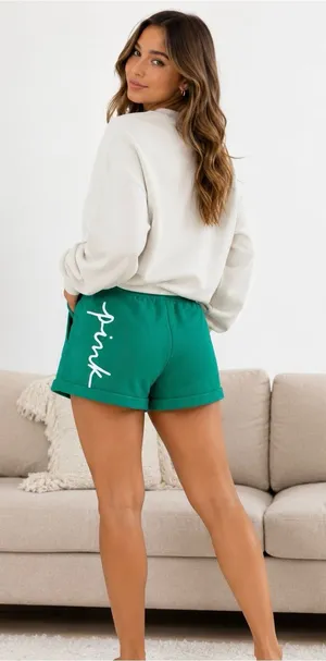 PINK Victoria's Secret Green Lounge Shorts with White Script thumbnail 1
