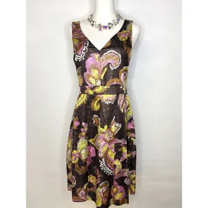 Tory Burch Silk Metallic Paisley Floral V-Neck Fit & Flare Cocktail Dress 4 thumbnail 2
