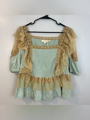 NWT Forever That Girl Blue/Tan Ruffle Lace Peplum Fairy Top Large Anthropologie thumbnail 9
