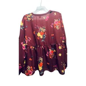 Old Navy Burgundy Floral V-Neck Peplum Blouse‎ Long Sleeve Top thumbnail 6