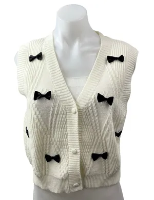 Cloud Ten White Cable Knit Bow Button Sleeveless Cardigan Sweater Vest Top Sz M thumbnail 1