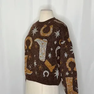 ZARA Western Cosmic Cowboy Boots Stars Jacquard Sweater Metallic Crewneck Small‎ thumbnail 8
