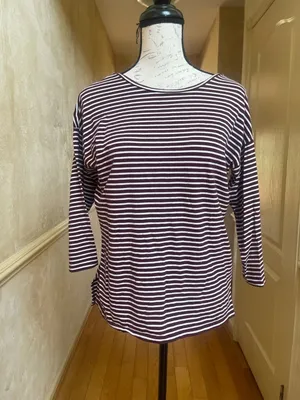 LOFT Ann Taylor Striped 3/4 Sleeve Boatneck Top Burgundy White Cotton Blend Sz M thumbnail 3