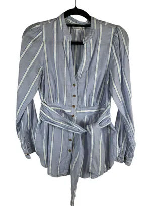 Anthropologie Building Blue‎ White Striped Tie Waist Button Down Blouse Top Sz 8 thumbnail 1