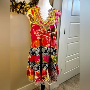 FREE PEOPLE Patchwork Dress Embellished Neck Back Cinch Boho Y2K Floral Sz M💛 thumbnail 10