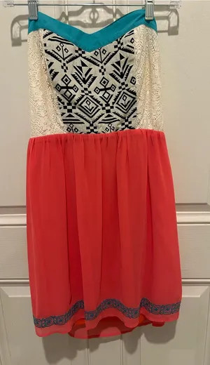 Flying Tomato Coral Strapless Dress with Teal Trim and Black-White Aztec Bodice thumbnail 1
