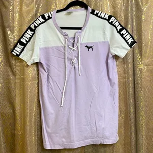 PINK Victorias Secret lavender/white/black lace up logo t-shirt, size S thumbnail 1