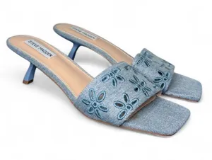 Steve Madden Embroidered Eyelet Floral Denim Josefina Slip On Kitten Heel thumbnail 1