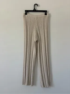 DISSH Emery Oatmeal Ribbed Knit Cotton Wide Leg Pull On Casual Boho Pants L thumbnail 4