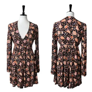 Billabong New Blouson Dress Deep V-neck Long Sleeve Black Floral Women’s Size M thumbnail 12