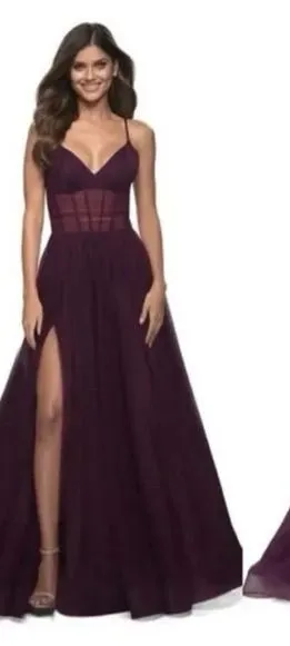 La FEMME 30334 Corset Sheer Bodice Tulle A-Line Gown In Dark Berry 4 FLAW thumbnail 1