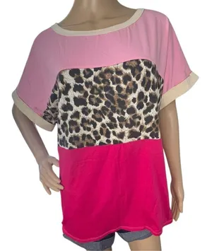 NWT Bibi Pink And Cheetah Print Color Block Loose Fit T-Shirt thumbnail 1