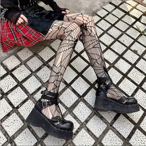 Black Gothic Skull Pattern Fishnet Tights Sexy Hollow Out Mesh Pantyhose OneSize thumbnail 4