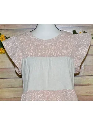 Entro Beige Pink Cap Sleeve Tiered Top Size S Striped Polka Dots Shabby Chic thumbnail 2