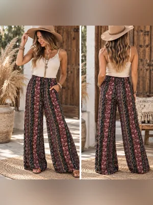 dressbarn Burgundy & Black Boho Wide-Leg Paisley Pants thumbnail 2