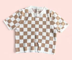 Fuzzy Checker crop top in tan and beige thumbnail 1