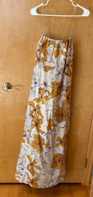 Banana Republic Maxi Dress Womens M Yellow Purple Floral Linen Blend Open Back thumbnail 1