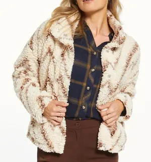 Thread & Supply Ivory Neutral Tan Chevron One Track Mind Sherpa Jacket Large thumbnail 1
