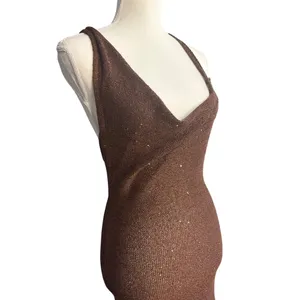 SOVERE Spark Dress in Coffee Medium New Womens Knit Crochet sequin Maxi Gown thumbnail 6