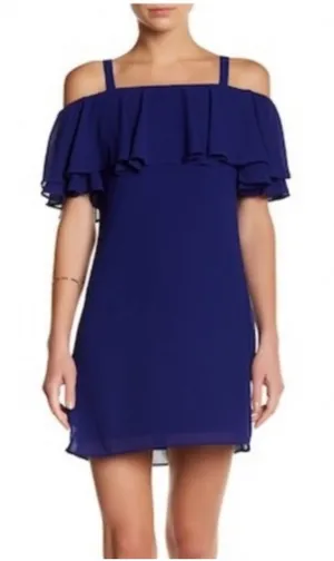 Eliza J Royal‎ Blue Cold Shoulder Ruffle Chiffon Dress Size 14 thumbnail 1