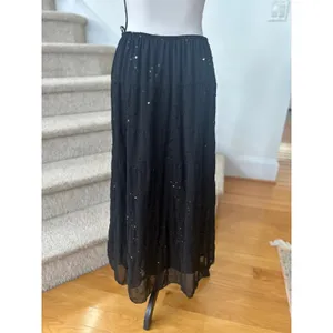 Vintage Y2K Black Sequin Embroidered Floral Tiered Whimsygoth Fairy Midi Skirt thumbnail 4