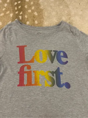 J.Crew love first grey rainbow font pride T-shirt women’s size medium thumbnail 4