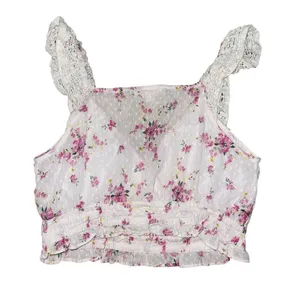 Love Shack Fancy white pink floral lace crochet sleeve crop tank women’s size L thumbnail 2