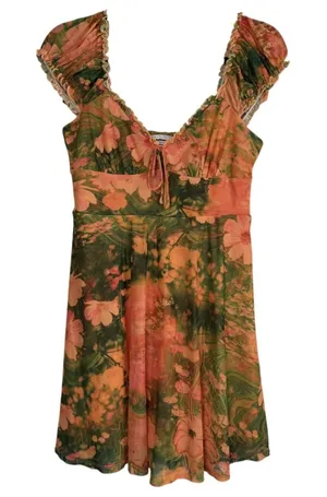 Urban Outfitters‎ Orange Green Floral Mesh Mini Dress Smocked Boho Ruffle Med thumbnail 1