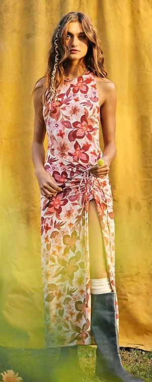 Free People Bohemian Floral Hawaiian Tropical Mimi Maxi Dress Size Medium Slit thumbnail 1