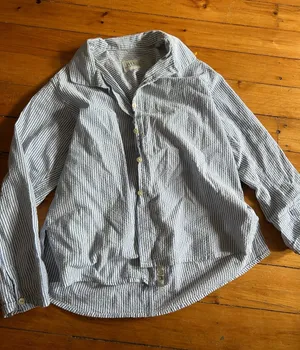 Jill Mogowan blue white striped button down shirt USA cotton small see stains thumbnail 1
