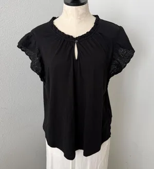 Lauren Ralph Lauren Eyelet Keyhole Ruffle Black Blouse - Size L thumbnail 1