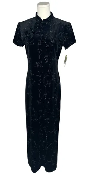 NEW Vintage Dressbarn Beaded Floral Velvet Qipao Cheongsam Maxi Dress Deadstock thumbnail 1