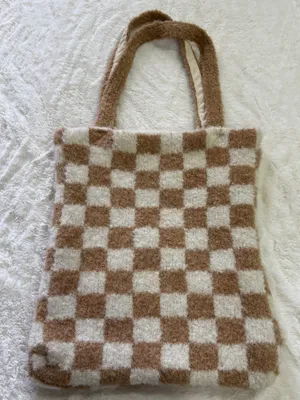 Free People Cozy Checkered Knit Tote Bag | Soft Fuzzy Neutral Bookbag Market thumbnail 3