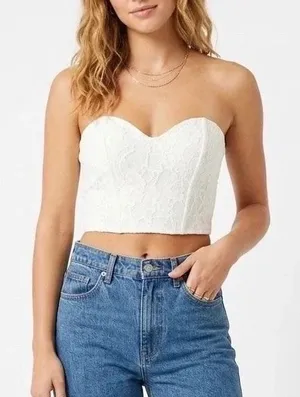 Off White Floral Lace Sweetheart Bustier Crop Top Womens Medium thumbnail 1