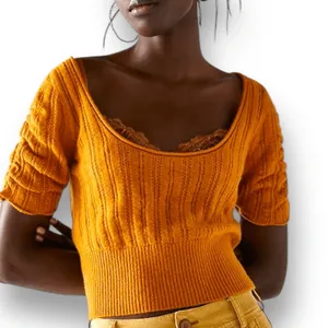 Free People Ava Cashmere Cropped Scoop Neck Sweater Short Sleeve‎ Goldenrod XS thumbnail 11