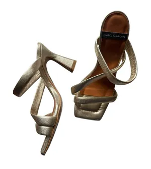 Angel Alarcon Metallic Gold Leather Square Toe Strappy Block Heel Sandals 36 thumbnail 1