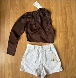 Zara Brown Satin One-Sleeve Top with White High-Waist Shorts set thumbnail 1