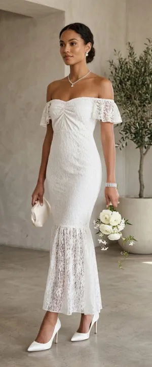White Lace Mermaid Wedding Dress Off Shoulder Prom Bridal Gown Minimalist Size M thumbnail 1