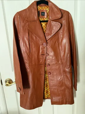 Zara Women's Rust Brown Leather Button-Front Coat size medium vintage style thumbnail 1